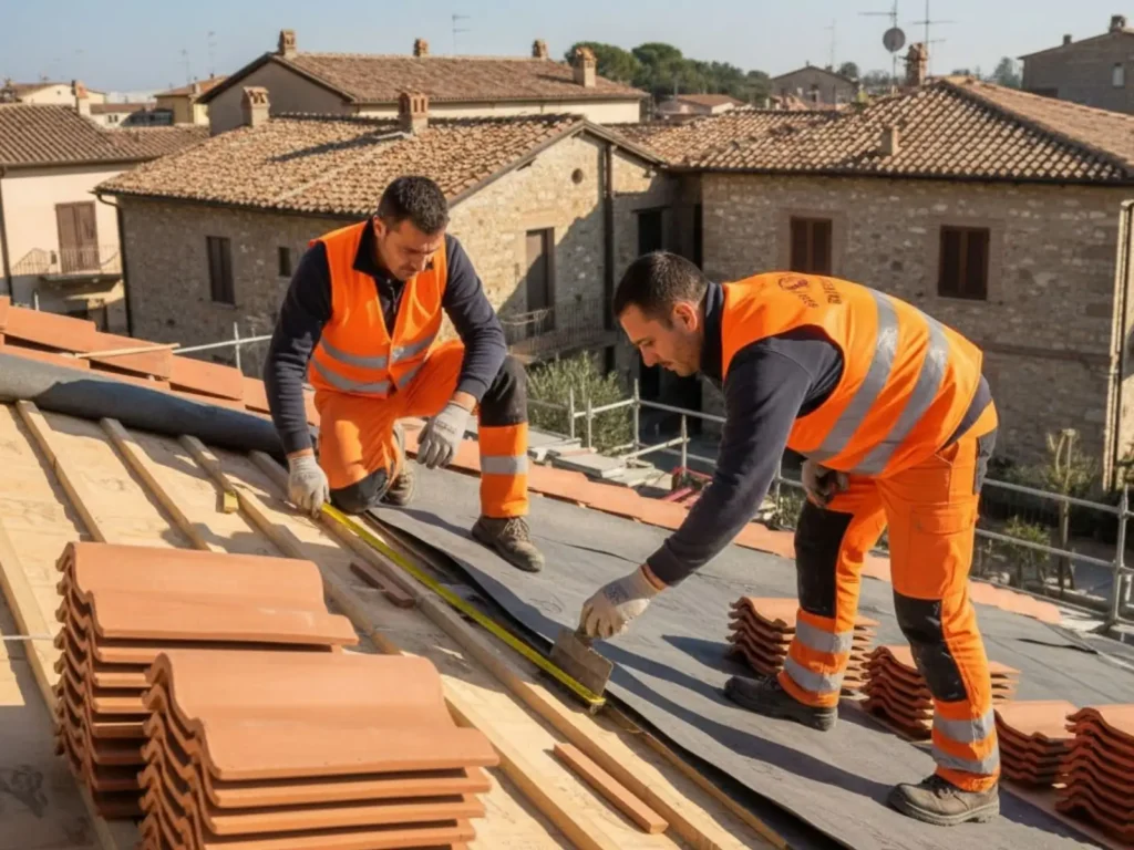 Operai italiani che posano la guaina durante il rifacimento del tetto ad Ascoli Piceno