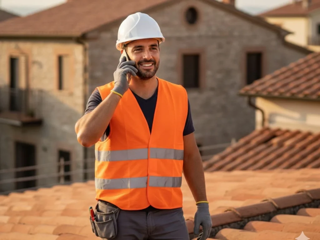 Tecnico edile ad Ascoli Piceno che risponde al telefono per assistenza sul rifacimento tetti